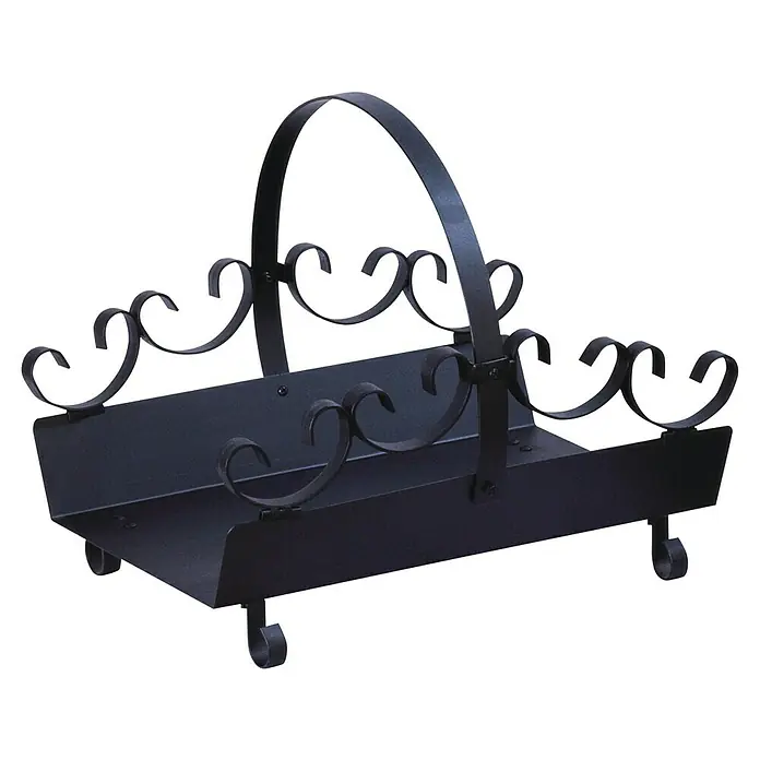 Holzkorb - 43 x 48 x 40 cm, Schmiedeeisen, Schwarz - Schwarzer Kaminholzkorb aus Metall mit dekorativen Verzierungen und einem praktischen Tragegriff für den Innenbereich.