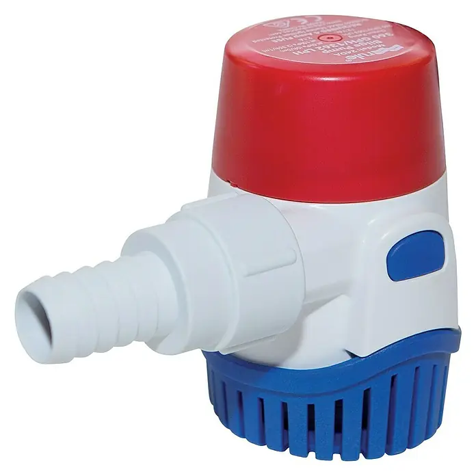 Rule Bomba de achique 360 24 - 1.362 l/h, Altura de transporte: 2 m, 12 V, 2,1 A - Una bomba de achique automática roja, blanca y azul. Está diseñada para usarse en barcos para bombear agua.
