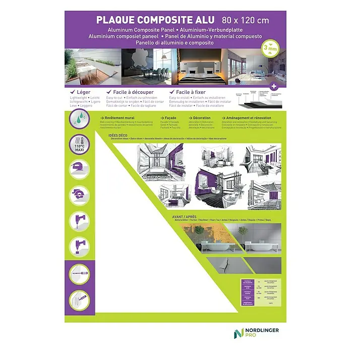 Panel de aluminio y composite Blanco - 120 cm x 80 cm x 3 mm, Aluminio, Blanco - Panel composite de aluminio de 80 x 120 cm: Ligero, fácil de cortar y fijar, ideal para revestimientos de pared, fachadas, decoración y renovación.