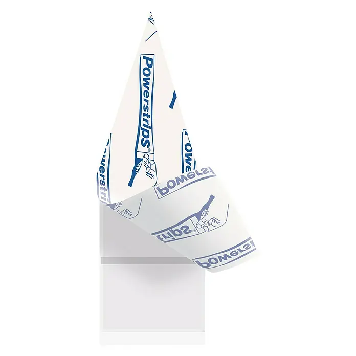Tesa Powerstrips Cinta engomada - Transparente - La imagen muestra un artículo Powerstrips®, un innovador producto para la fijación sin clavos ni tornillos, sobre blanco.