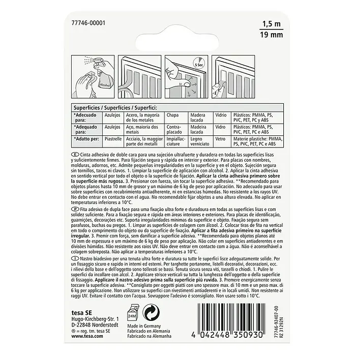 Tesa Powerbond Cinta de doble cara Azulejos/Metal - 1,9 cm x 1,5 m, Blanco - Embalaje de cinta de montaje Tesa. La cinta de doble cara es fuerte, duradera y apta para superficies lisas.