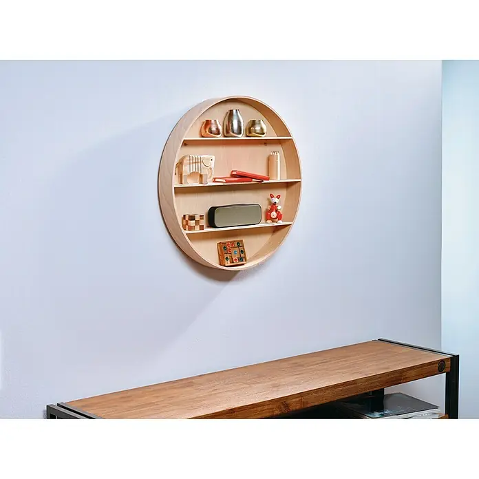 Tesa Tornillo adhesivo ajustable - Rectangular, Carga soportada: 1 kg, 2 ud. - Esta estantería de pared redonda de madera con varias decoraciones es una hermosa adición a cualquier habitación.