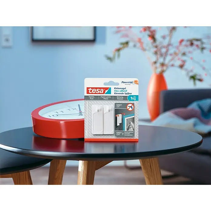 Tesa Clavo adhesivo - Apto para: Paredes pintadas, Carga soportada: 1 kg, 2 ud., Blanco - Clavos adhesivos Tesa: Solución de montaje sencilla y fiable para superficies lisas, ideal para colgar objetos ligeros de hasta 1 kg.