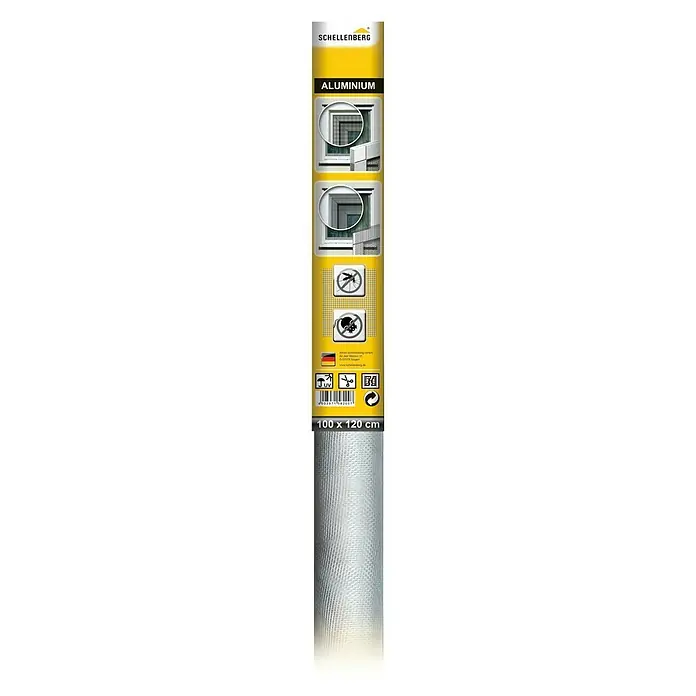 Schellenberg Malla metálica - An x Al: 100 x 120 cm, Aluminio - La imagen muestra un rollo de mosquitera de aluminio Schellenberg de 100 x 120 cm, ideal para ventanas y puertas.