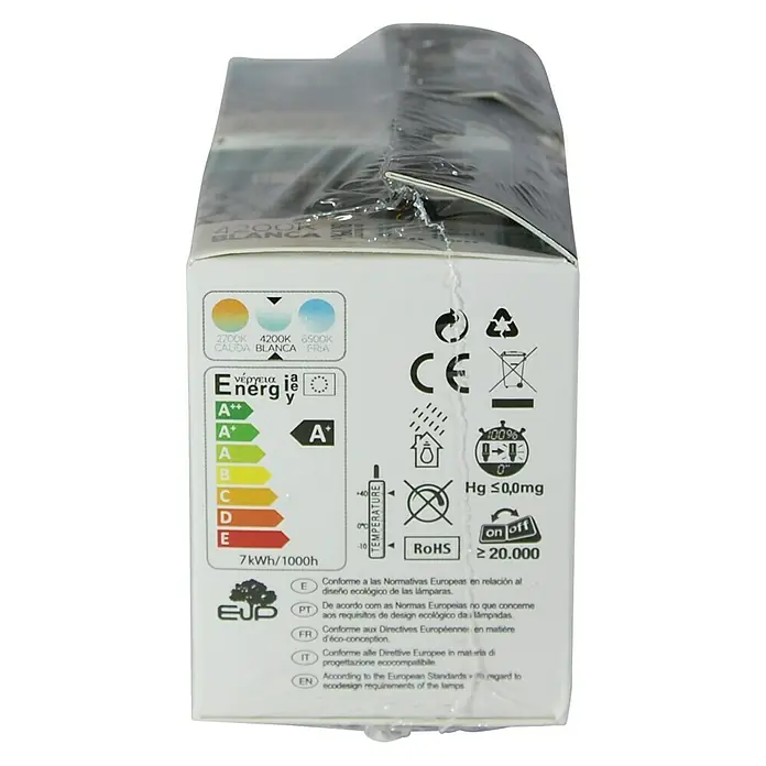 Sunmatic Bombilla LED - GU10, No regulable, Blanco neutro, 580 lm, 7 W - Embalaje de bombilla LED, muestra eficiencia energética A+, marca CE, información contenido mercurio y vida útil.