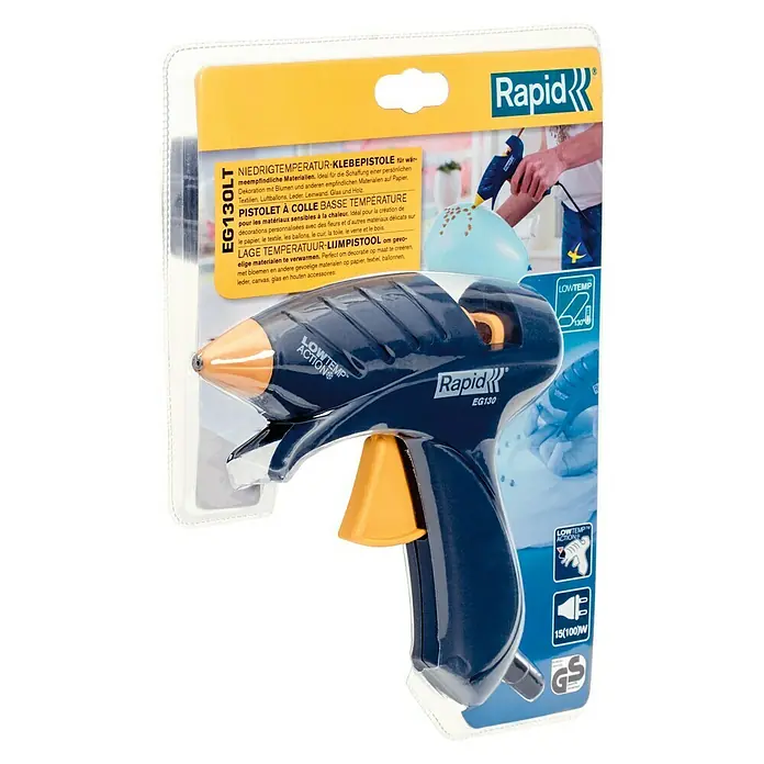 Rapid Pistola termoencoladora EG130 - 15 W, Diámetro cartucho de cola: 9 mm - Pistola de pegamento de baja temperatura Rapid EG130LT, ideal para materiales delicados como papel, textiles y globos.