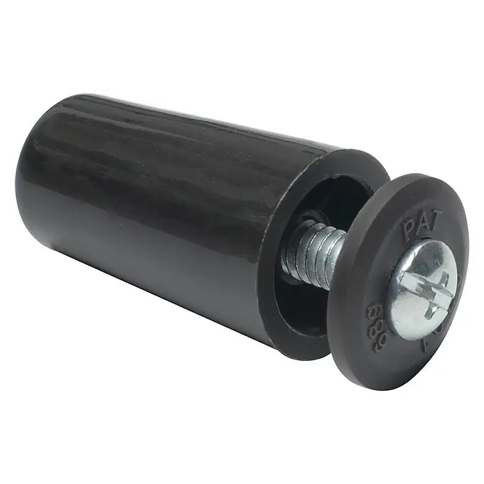 Tope de cierre - Ø x L: 20 x 40 mm, Marrón - Primer plano de un repuesto de rodillo de mueble negro con un tornillo para facilitar la fijación a los muebles.