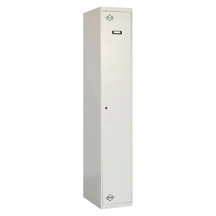 Simonrack Simonlocker Taquilla Single Incial Desmontada - L x An x Al: 30 x 50 x 180 cm, Gris/Gris - La imagen muestra un armario blanco individual con orificios de ventilación y un asa. El armario es estrecho y alto y está sobre un fondo blanco.