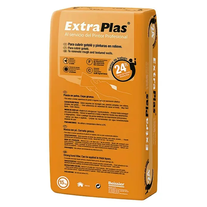 Beissier Polvo para masilla Extra plas - Blanco, 15 kg - Imagen de un saco de masilla Extra Plas, ideal para paredes y techos lisos y texturizados. Fácil de usar, con fuerte adherencia.
