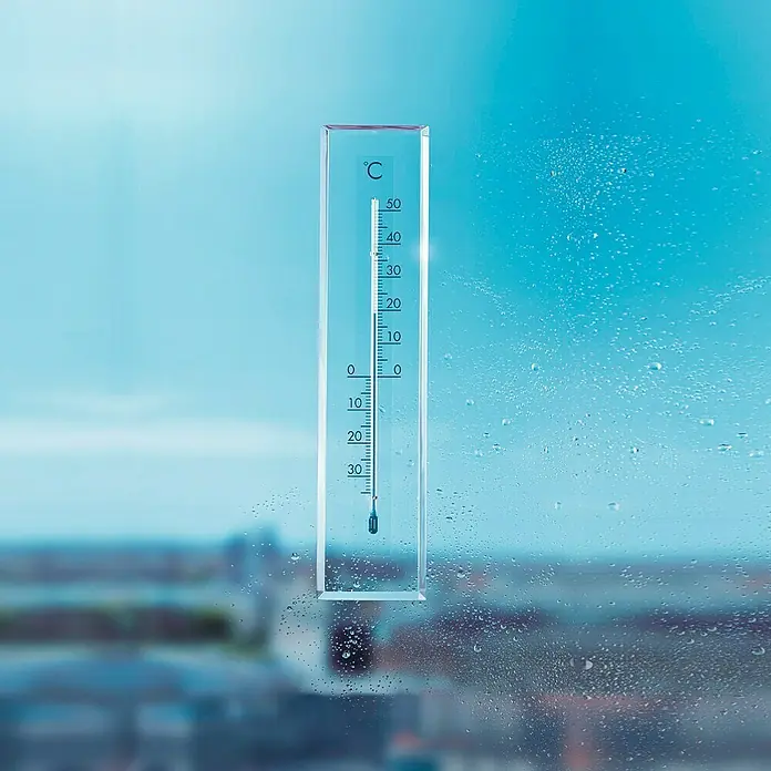 Tesa Powerbond Cinta de doble cara Transparente - 19 mm x 5 m - La imagen muestra un termómetro de ventana transparente fijado a un cristal, que muestra la temperatura en grados Celsius.