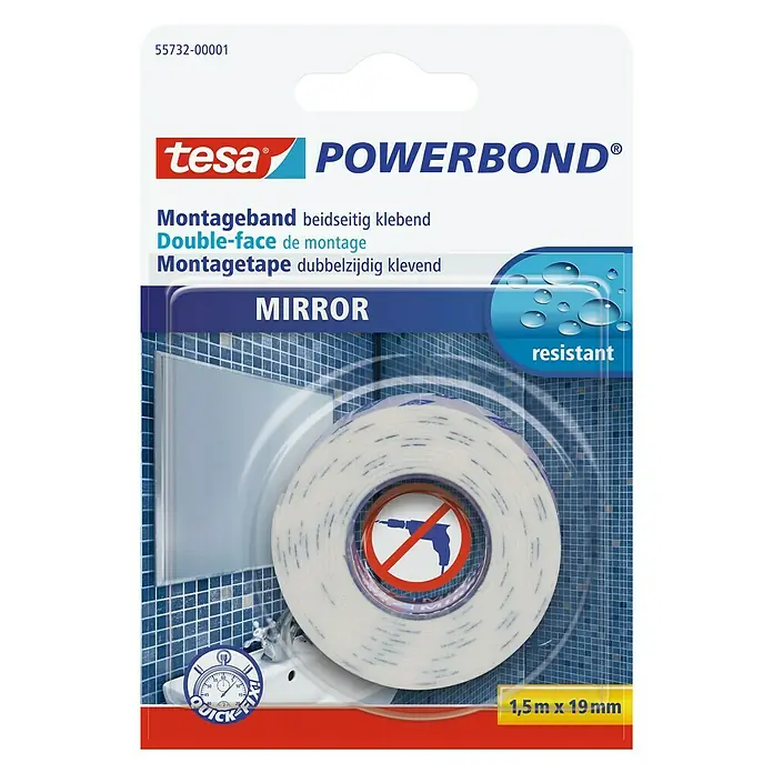 Tesa Powerbond Cinta de doble cara Espejos - 19 mm x 1,5 m, Transparente - Cinta de montaje para espejos Tesa Powerbond.