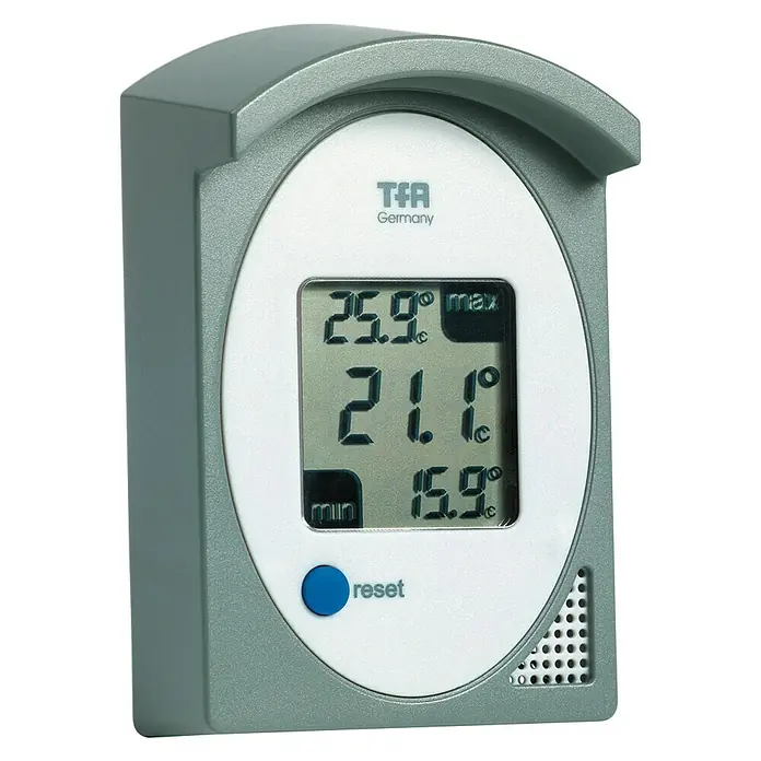 TFA Termómetro para exterior digital - L x An x Al: 4,3 x 7,4 x 11,5 cm - Estación meteorológica TFA Dostmann con pantalla digital de temperatura mínima, máxima y actual exterior.