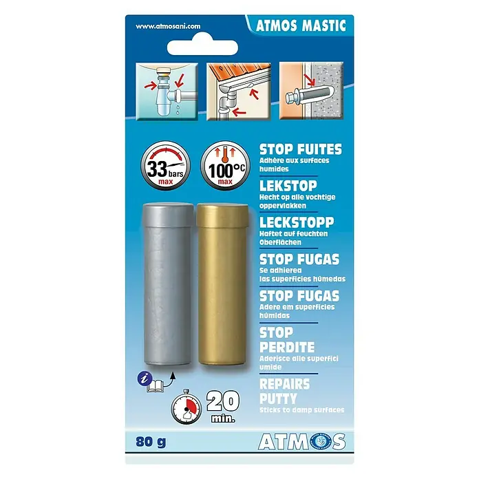 Atmos Masilla para reparación Mastic - 80 g - Imagen del producto ATMOS MASTIC, una masilla que se adhiere a superficies húmedas, ideal para reparaciones.