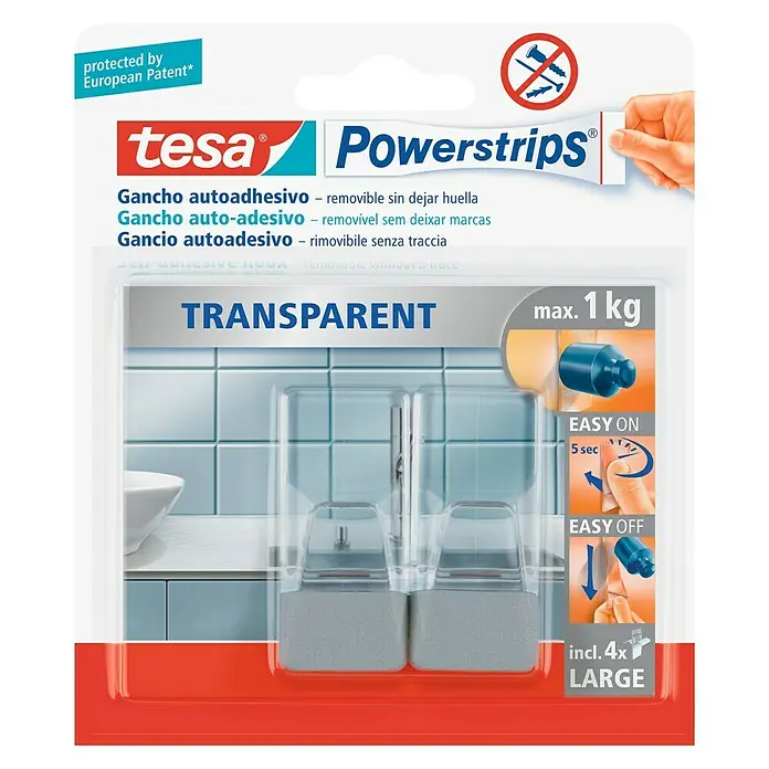 Tesa Powerstrips Gancho autoadhesivo - 2 ud., Transparente - Ganchos autoadhesivos transparentes Tesa Powerstrips. Carga máx. 1 kg, fáciles de aplicar y extraíbles sin dejar residuos.