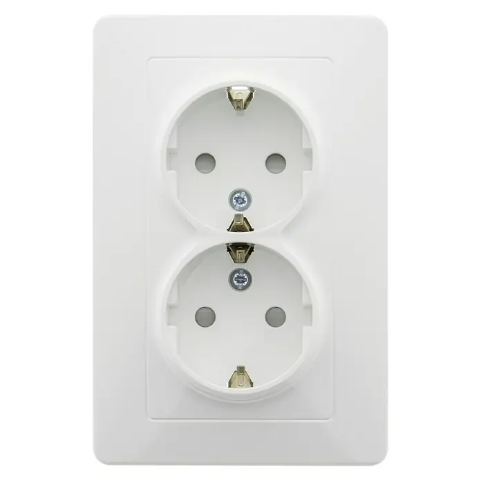 BJC Viva Enchufe doble - Blanco, Plástico, Instalación empotrada - Una toma de corriente doble blanca con dos enchufes redondos y tornillos en el centro, ideal para enchufes estándar europeos.