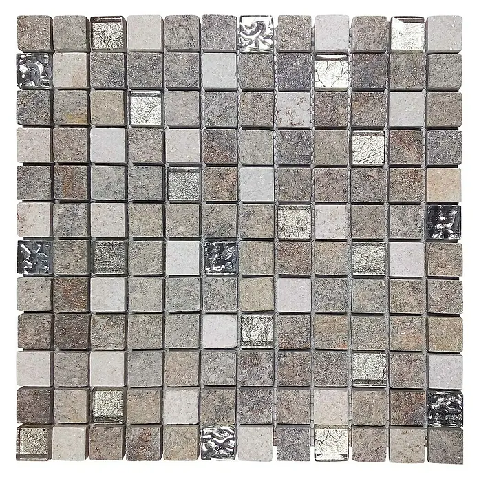 Malla mosaico Urales - 30 x 30 cm, Gris - Alfombra de baldosas cuadradas con mosaicos de piedra natural y vidrio en varios tonos de gris y beige para revestimientos de paredes y suelos.
