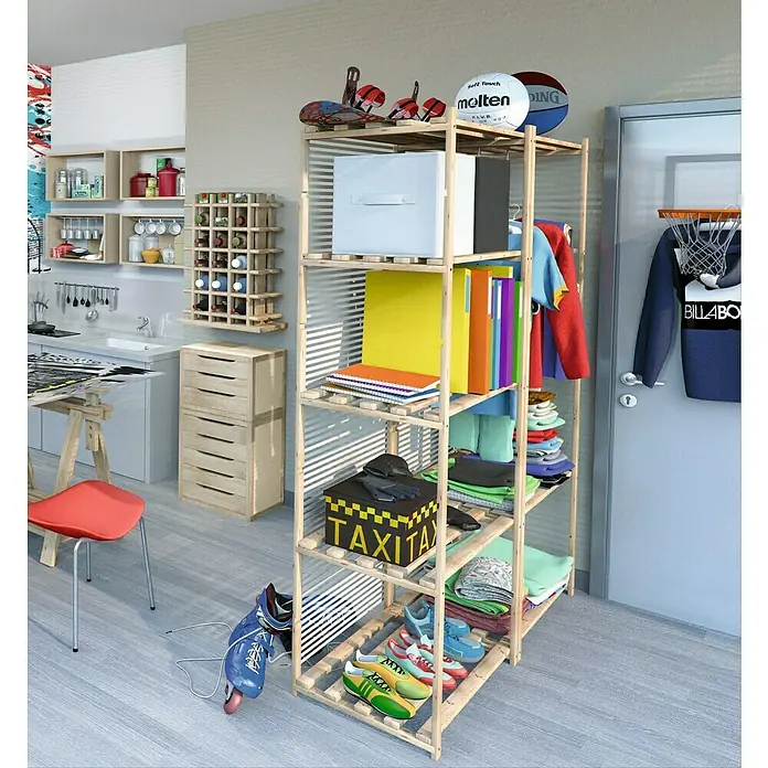 Astigarraga Estantería de madera - Al x An x Pr: 171 x 30 x 65 cm, Número de baldas: 5 ud., Atornillado, Natural - Estante con varios objetos como libros, ropa y equipo deportivo. Solución de almacenamiento práctica para un hogar organizado.