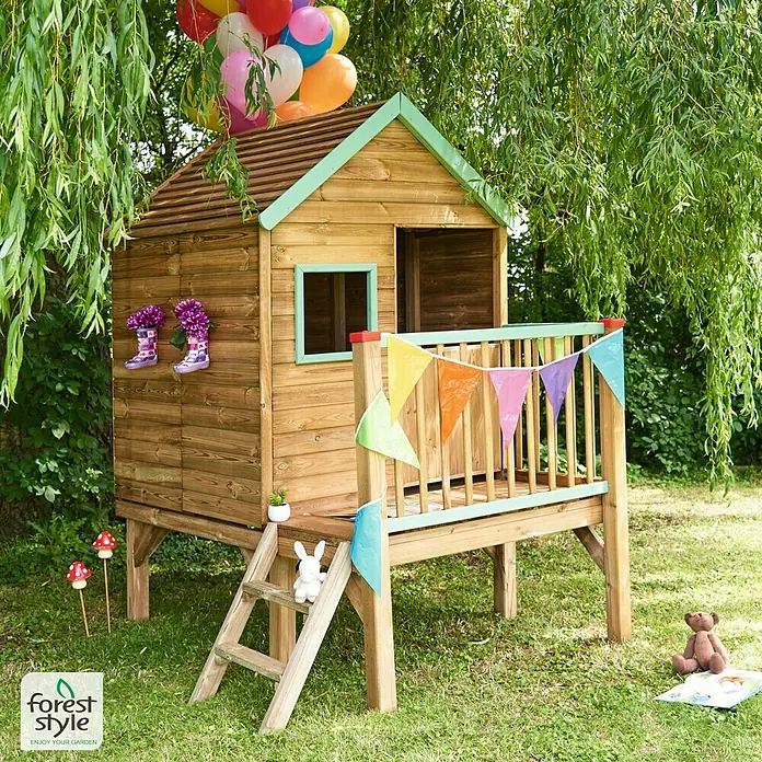 Soulet Caseta infantil Winny - L x An x Al: 155 x 175 x 210 cm, Madera, Natural - Una encantadora caseta de juegos de madera elevada con detalles coloridos y decoración lúdica, ideal para aventuras imaginativas en el jardín.