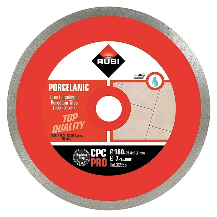 Rubi Disco de corte PRO CPC - Ø x Es: 180 x 1,7 mm, Orificio: 22,2 mm - Disco de diamante "Rubi CPC Pro Porcelanic" para corte de azulejos, diámetro 180 mm, diseñado para cortes precisos y limpios en porcelana.