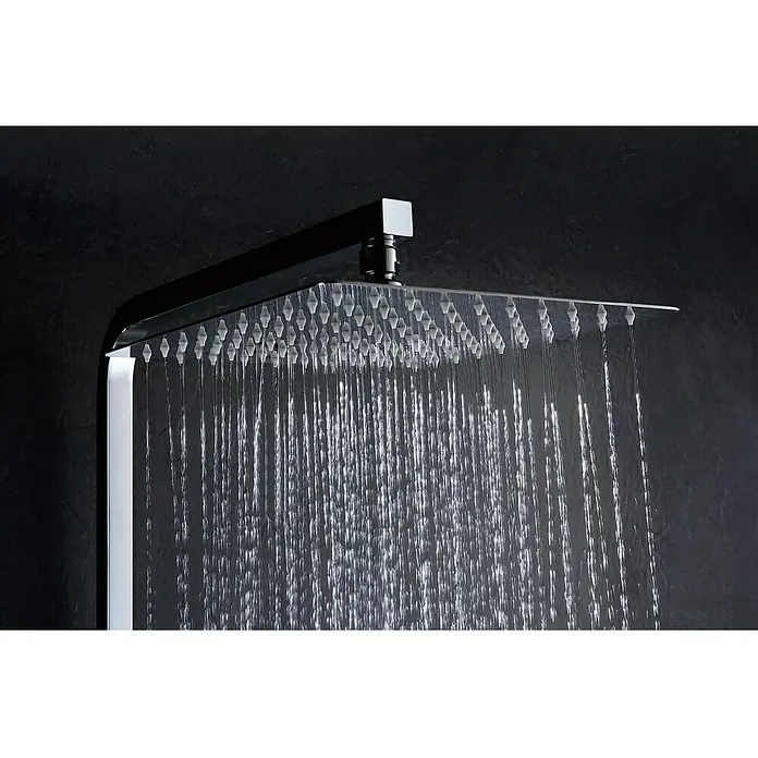 Imex Nantes Sistema de ducha - Con grifo monomando, Distancia entre orificios: 15 cm, Número de tipos de chorro: 1 ud., Cromo - Imagen de un cabezal de ducha de lluvia cuadrado con chorros de agua que crean una experiencia de ducha lujosa. El diseño moderno complementa cualquier baño.