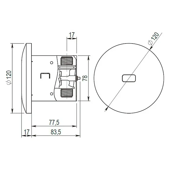 Grifo de descarga electrónico para urinario e inodoro Domo - 120 mm, Acero inoxidable - Dibujo técnico de un producto redondo que muestra diversas medidas.