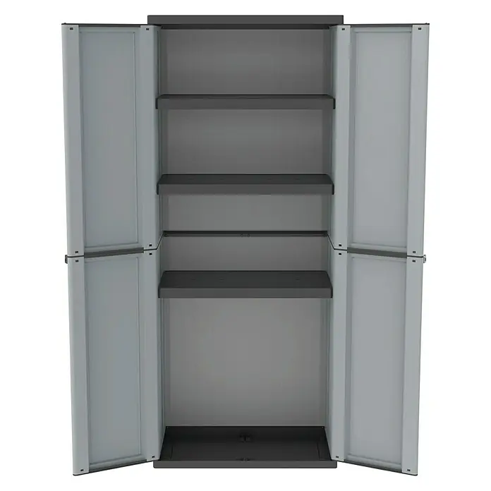 Terry JLine Kunststoff-Mehrzweckschrank J Line 268 - L x B x H: 37,5 x 68 x 163,5 cm - Abbildung eines grauen Kunststoff-Gartenschranks mit vier Regalböden und zwei offenen Türen.