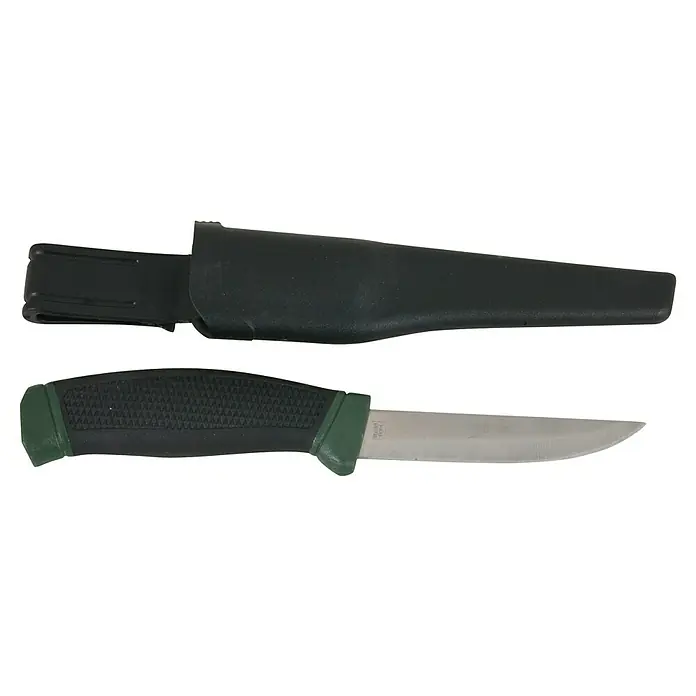 Westline Jagd- & Angelmesser - Klingenlänge: 9,5 cm, Rostfrei - Messer mit schwarzem und grünem Griff und dazugehöriger schwarzer Messerscheide, die nebeneinander aufgereiht sind.