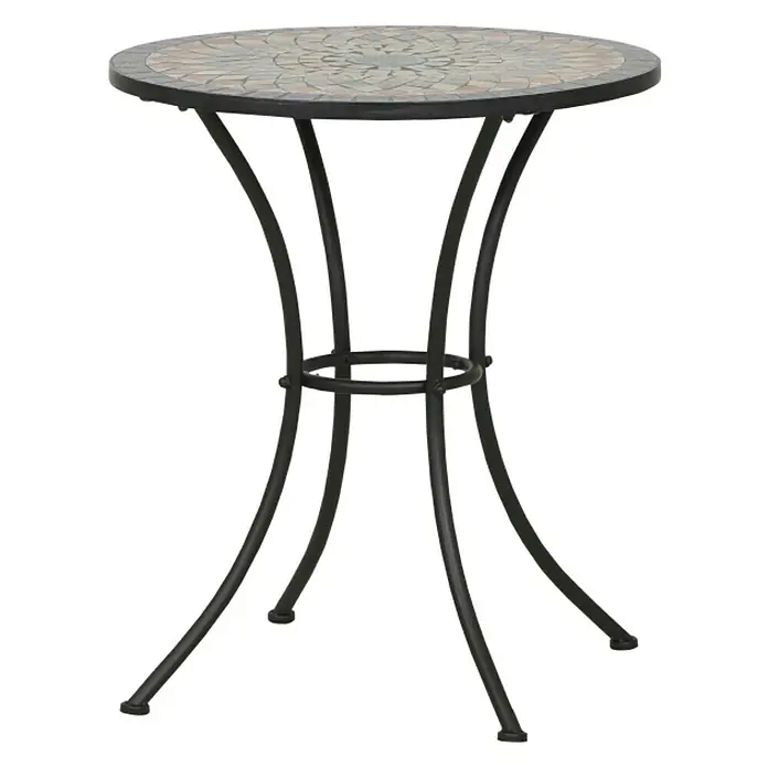 Siena Garden Balkontisch rund Prato - Ø x H: 60 x 70 cm, Schwarz/Braun - Ein stilvoller Mosaik-Bistrotisch mit schwarzem Metallgestell, ideal für Garten, Terrasse oder Balkon. Die Tischplatte ist detailreich gestaltet.