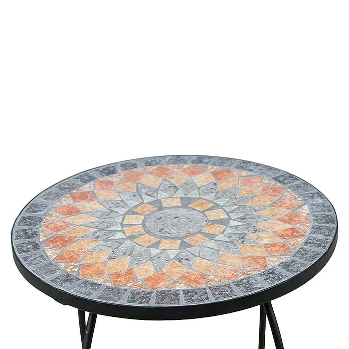 Siena Garden Prato Blumenständer - 40 x 60,5 cm - Mosaiktisch mit dekorativem Muster. Der Tisch hat eine runde Platte und ein filigranes, dunkles Metallgestell.