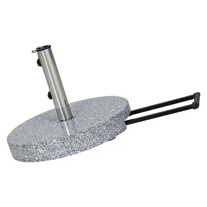 Siena Garden Granitschirmständer - Grau, 40 kg - Bild eines grauen runden Sonnenschirmständers mit einem silbernen Rohr in der Mitte und einem schwarzen Griff.