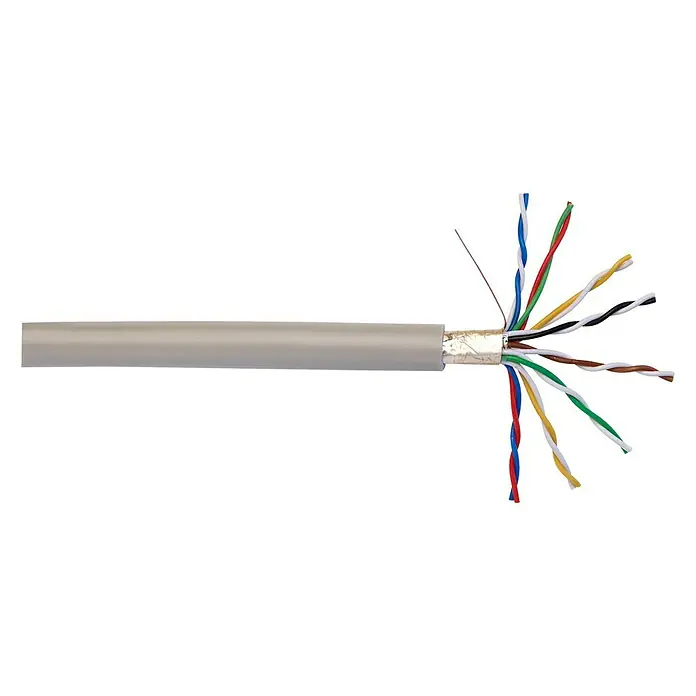 Telefonleitung Meterware J-Y(ST)Y 8x2x0,6 mm² - Anzahl Adern: 16, 0,6 mm², Grau - Nahaufnahme eines Cat-5-Kabels mit freiliegenden, farbcodierten, verdrillten Adern, die für Netzwerkverbindungen verwendet werden.