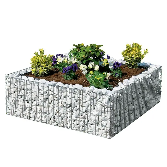 Bellissa Hochbeet 4-Eck - 120 x 120 x 40 cm, Metall - Ein Gabionen-Pflanzkasten mit weißen Steinen und verschiedenen Pflanzen befüllt, bietet eine moderne Gartendekoration.