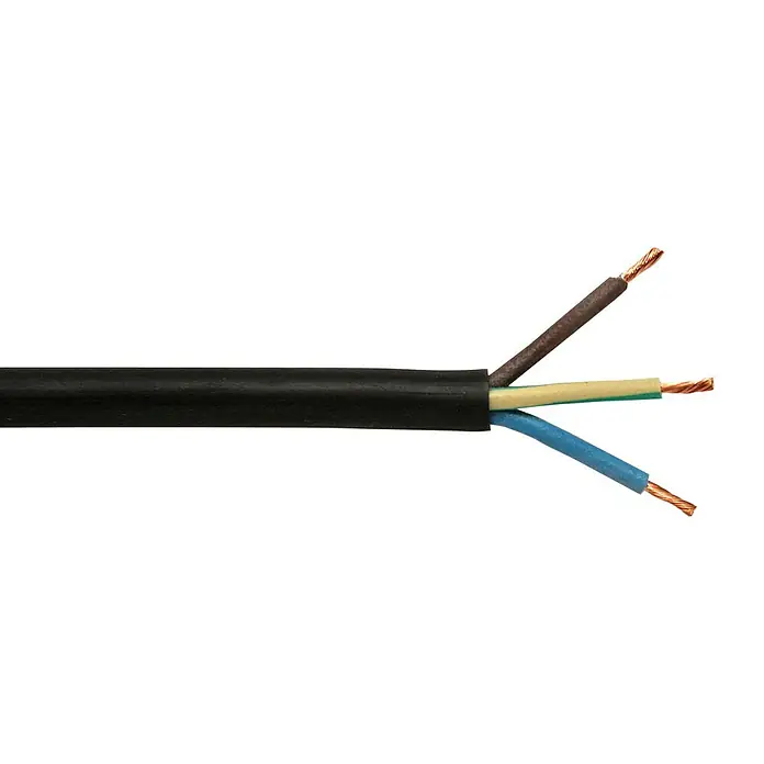Gummileitung Meterware H07RN-F 3G1,5 mm² - Anzahl Adern: 3, 1,5 mm², Kabeltyp: H07RN-F, Schwarz - Abisolierte Stromleitung mit schwarzer Ummantelung und freiliegenden Adern in Braun, Blau und Grün/Gelb für elektrische Verbindungen.