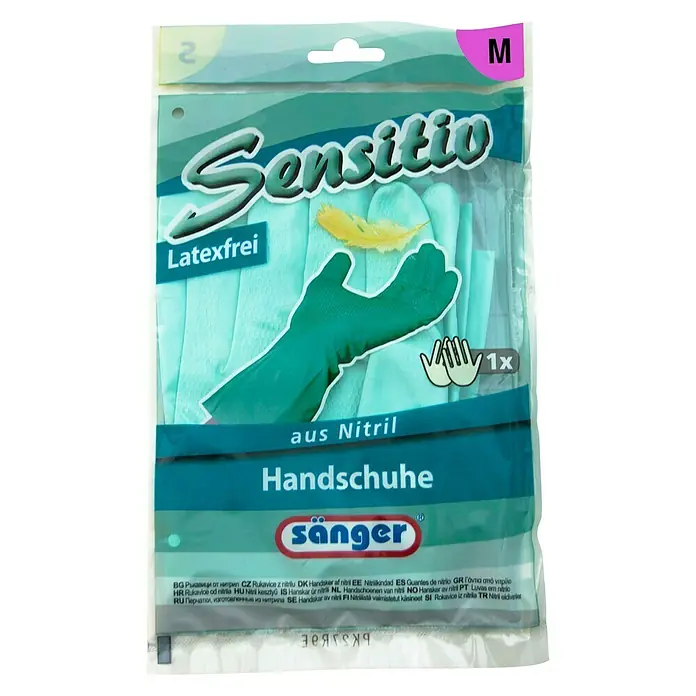 Sänger Haushaltshandschuhe Sensitiv - M, Türkisgrün, Nitril - Bild einer Packung Sensitio Nitril-Handschuhe (Größe M) von Sänger, latexfrei, für den einmaligen Gebrauch.