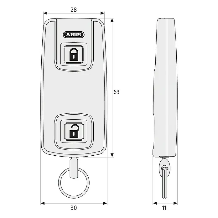 Abus HomeTec Pro Control remoto CFF3000 - Específico para: Accionamiento de bloqueo de la puerta inalámbrico Abus HomeTec Pro CFA3000 S/W - Llavero Abus con dimensiones de 28 x 63 x 11 mm. El llavero tiene una anilla y dos botones con símbolos de candado.