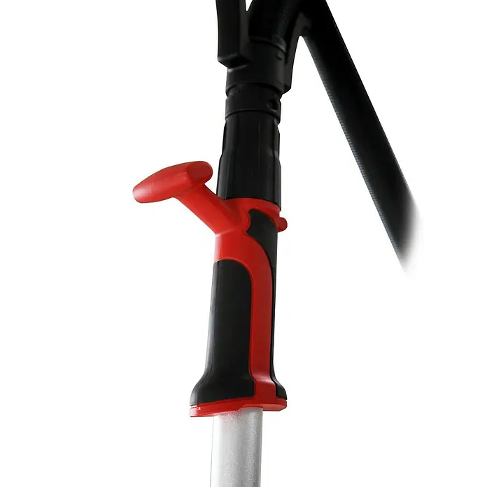 Berg Tecmix Wand- & Deckenschleifer LHS 600 - 600 W, Durchmesser Schleifteller: 225 mm - Nahaufnahme eines roten und schwarzen Handgriffs einer Vakuumpumpe.