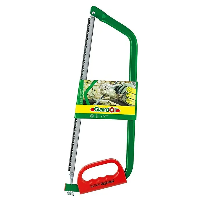 Gardol Comfort Sierra de arco - Longitud hoja de sierra: 52,5 cm - Una sierra de arco verde de Gardol, con un protector de manos rojo. Ideal para serrar ramas y pequeños troncos.