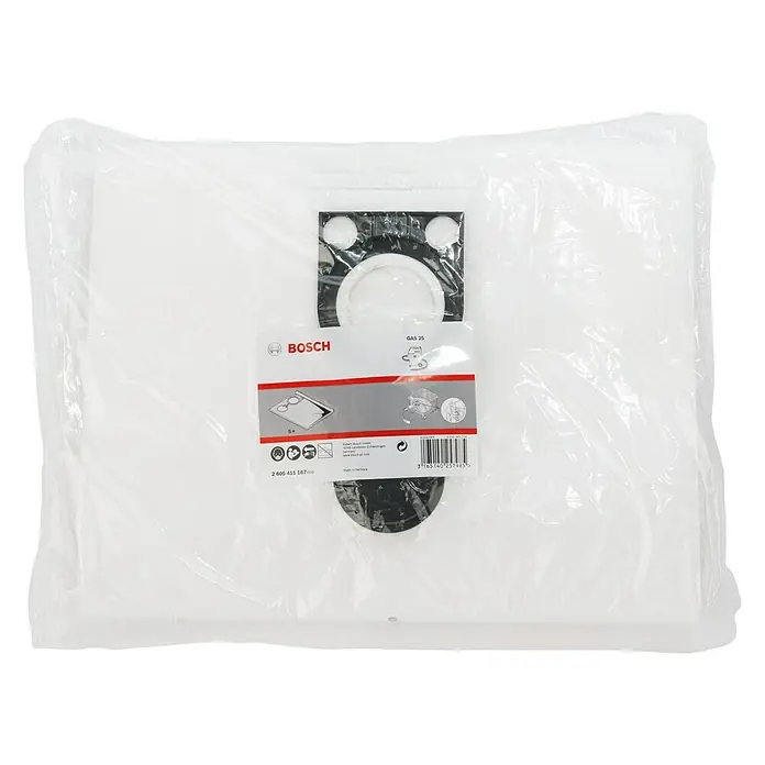 Bosch Professional Vliesfiltertüten - 5 Stk., Passend für: Bosch Professional Nass-Trockensauger GAS 25 L - Das Bild zeigt eine Gasdüse GAS 25 von Bosch in einer transparenten Verpackung, die die Marke und weitere Details zeigt.