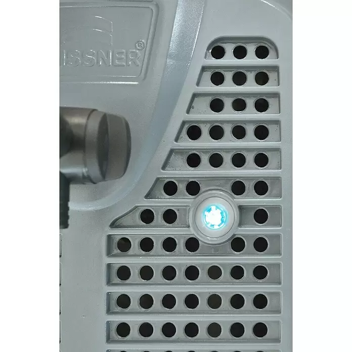 Heissner Durchlauffilter-Set - 33 W, Teichgröße: 8.000 l - Hellgraues Industriebedienfeld mit Lüftungsgittern, blauer LED-Anzeige und „ISSNER“-Logo.