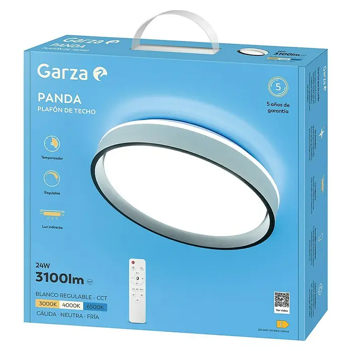 Garza Plafón LED redondo Panda - 24 W, Negro, Blanco frío - Embalaje de cartón para la lámpara de techo Garza Panda, que proporciona un flujo luminoso de 3100 lúmenes y tiene una garantía de 5 años.