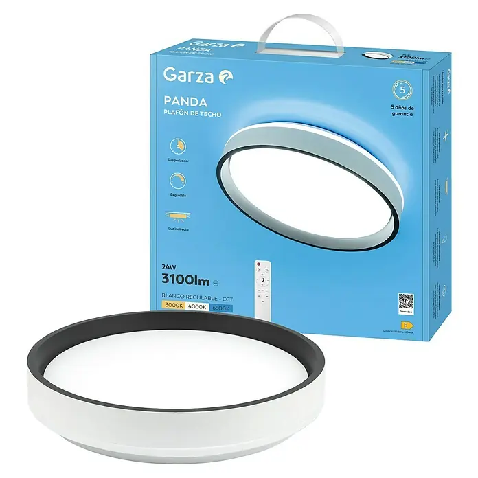 Garza Plafón LED redondo Panda - 60 W, Negro, Blanco frío - Foto del producto del plafón de techo Garza Panda de 24W y 3100lm, empaquetado en una caja azul con información del producto.