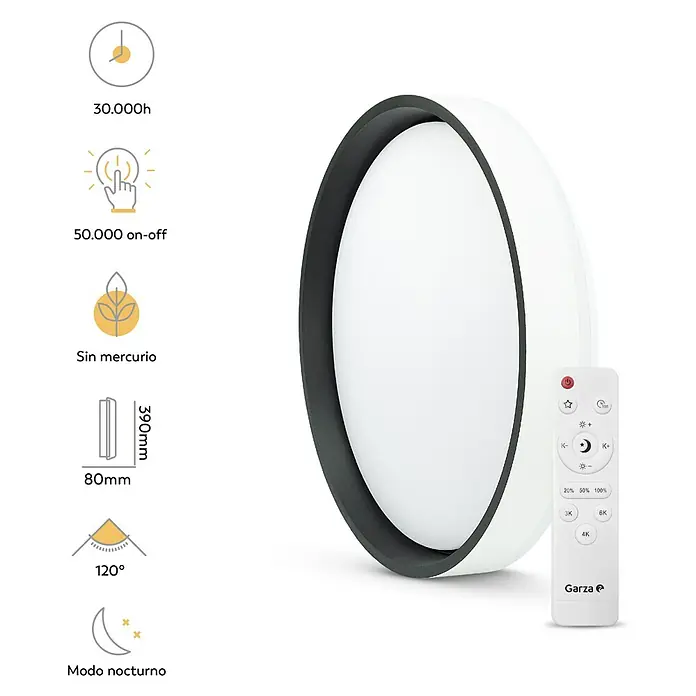 Garza Plafón LED redondo Panda - 60 W, Negro, Blanco frío - Imagen de una moderna lámpara de techo LED en blanco y negro con un mando a distancia para ajustar el brillo y la temperatura de color.
