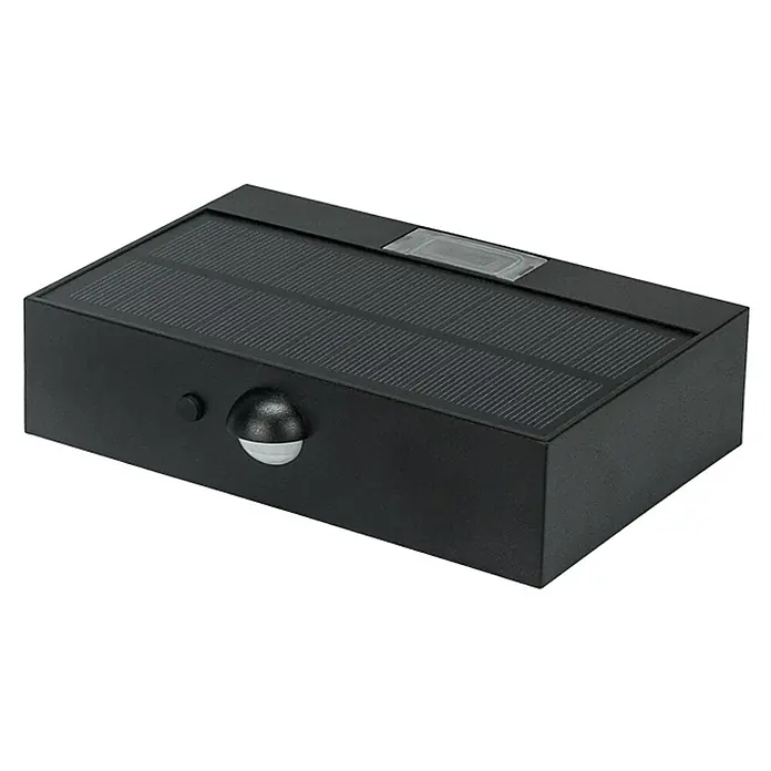 Garza Aplique exterior LED con sensor David - L x An x Al: 90 x 137 x 36 mm, 5 W, Color del marco: Negro, Color de luz: Blanco neutro - Imagen de un sensor de movimiento negro con panel solar, ideal para uso exterior. Proporciona seguridad e iluminación con energía solar eficiente.