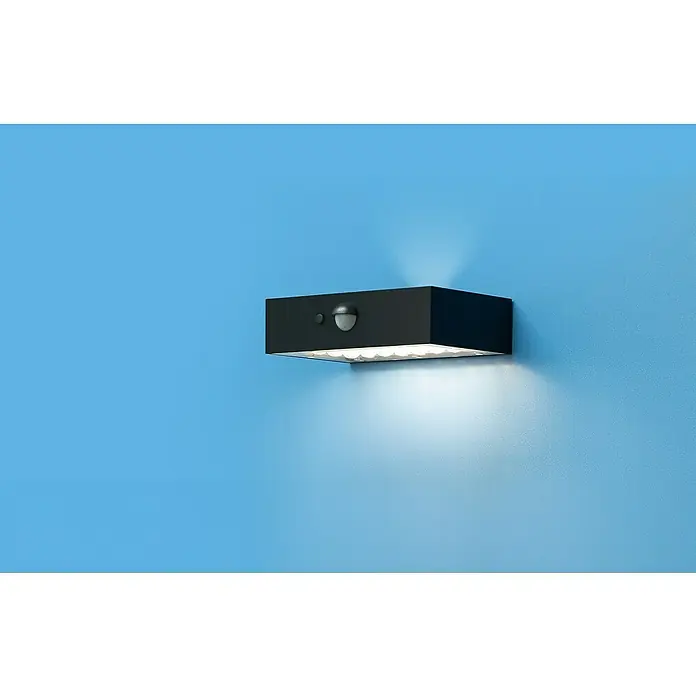 Garza Aplique exterior LED con sensor David - L x An x Al: 90 x 137 x 36 mm, 5 W, Color del marco: Negro, Color de luz: Blanco neutro - Luz negra de exterior con sensor de movimiento montada en una pared azul, proyectando una luz brillante hacia abajo.
