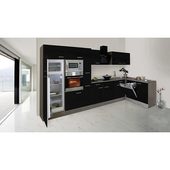 Respekta Winkelküche KBL370EYSMISGKE (172 x 370 cm, Schwarz Seidenglanz)
