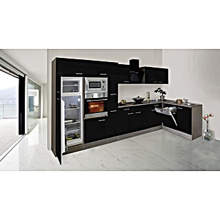 Respekta Winkelküche Oliver (B x T: 370 x 172 cm, Schwarz, Mit Elektrogeräten)