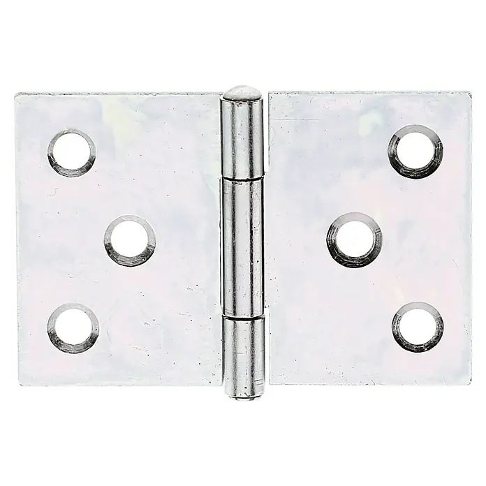 Alberts Bisagra - An x Al: 60 x 40 mm, Zincado - Imagen de una bisagra de puerta plateada brillante, ideal para proyectos de carpintería y bricolaje.