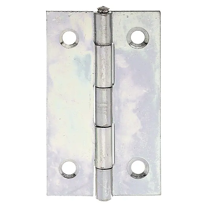 Alberts Bisagra - L x An: 51 x 30 mm, Acero, Zincado - Primer plano de una bisagra de puerta de metal brillante, que muestra un diseño funcional y una construcción robusta para un rendimiento confiable.