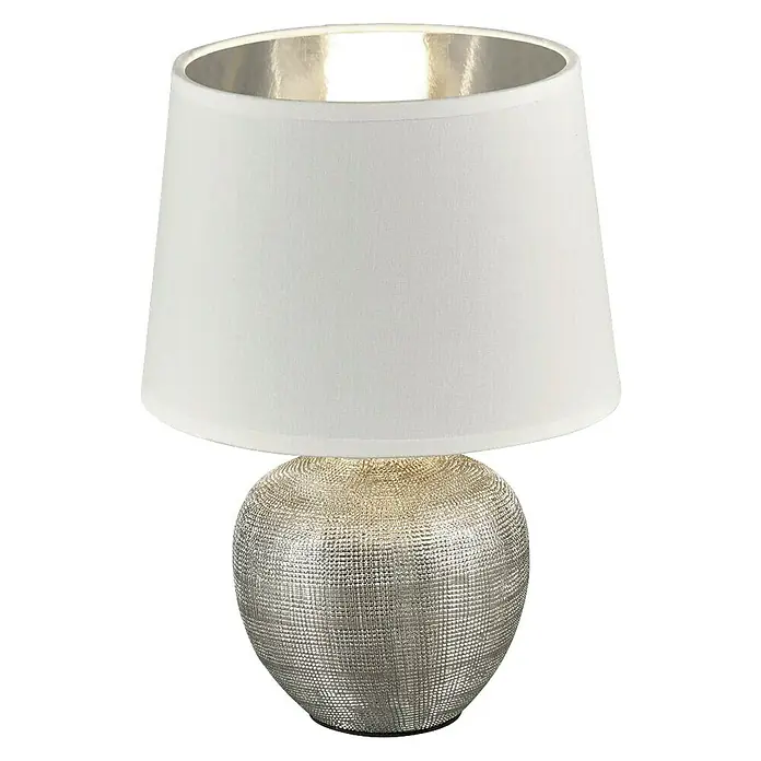 Trio Lighting Lámpara de sobremesa redonda Luxor - 40 W, Ø x Al: 18 x 26 cm, Plata, E14 - Elegante lámpara de mesa con base de cerámica plateada y pantalla blanca para una iluminación ambiental cálida.