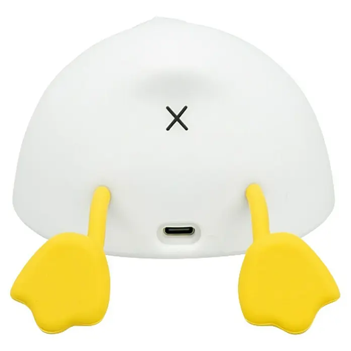 Garza Lámpara de sobremesa LED Pato Kiko - L x An x Al: 1.210 x 103 x 62 mm, 5 W, Intensidad regulable - Vista posterior de una lámpara de pato blanca con patas amarillas y una X negra en la cabeza. Luz nocturna práctica y decorativa para niños.